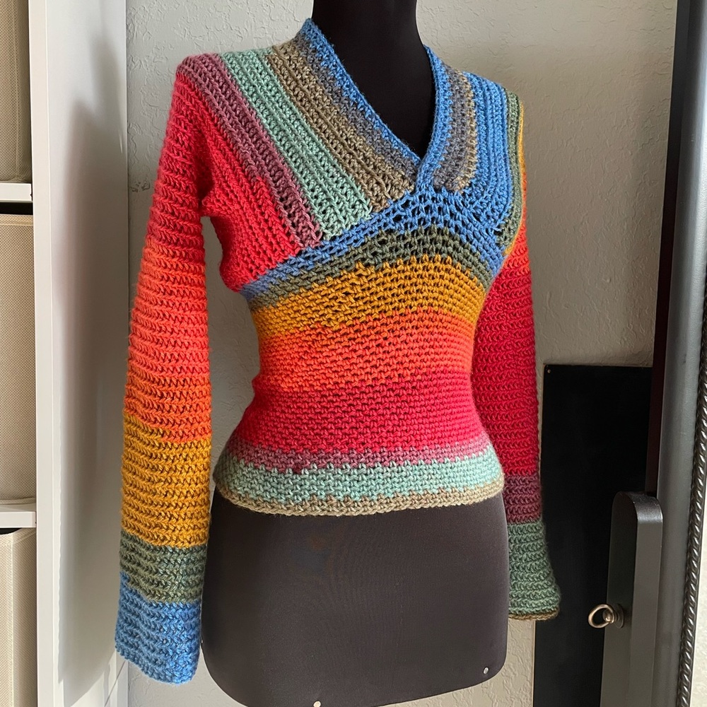Fun Sexy Colorful Sweater Crochet Colorblock Fitted V-Neck Long Sleeve by GemFOX